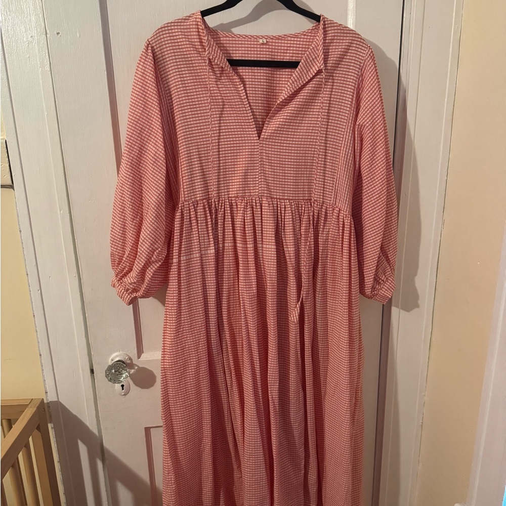 Long Block Print Midi Dress, Deep Neck with string.